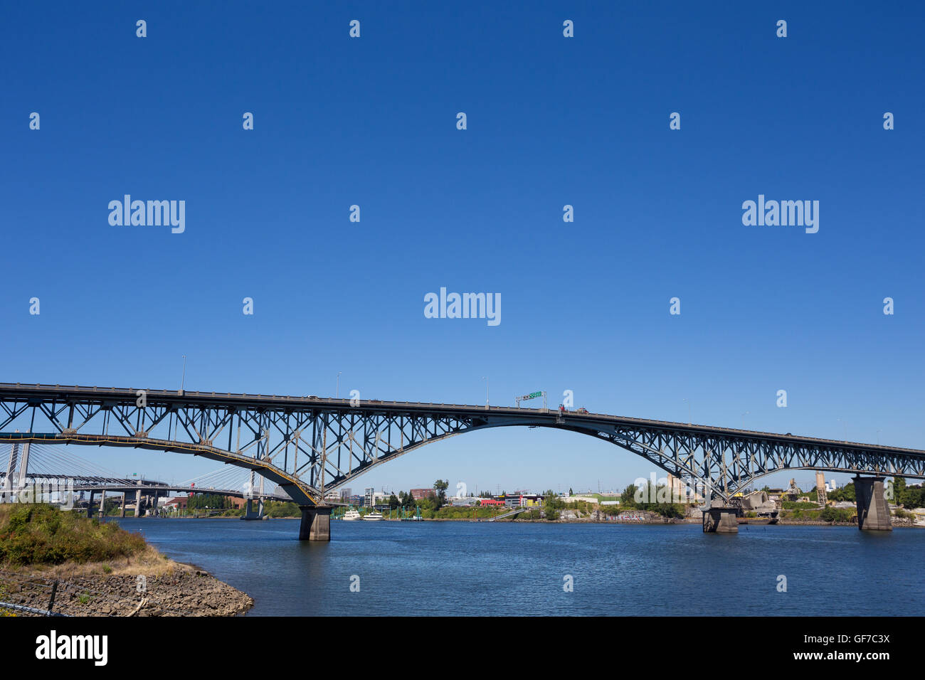 PORTLAND, OR JULY 27, 2016 Ross Island Bridge as seen from the South Waterfront District in