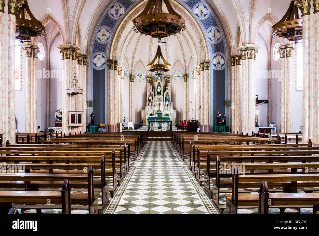 Interior of Sao Luiz Gonzaga Church. Xaxim, Santa Catarina, Brazil. Stock Photo