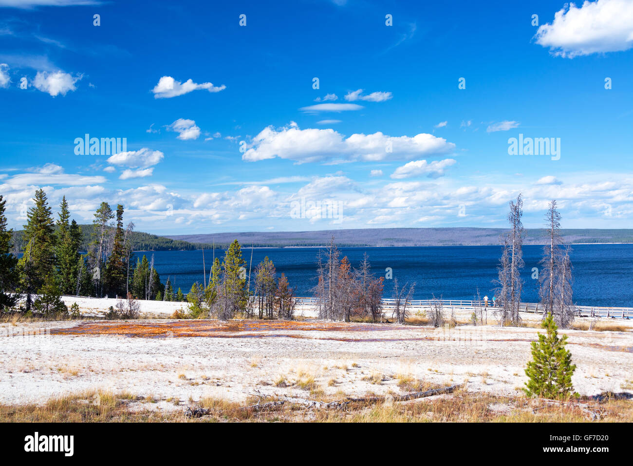 View of West Thumb Geyser Basin on Yellowstone Lake in Yellowstone National Park Stock Photo