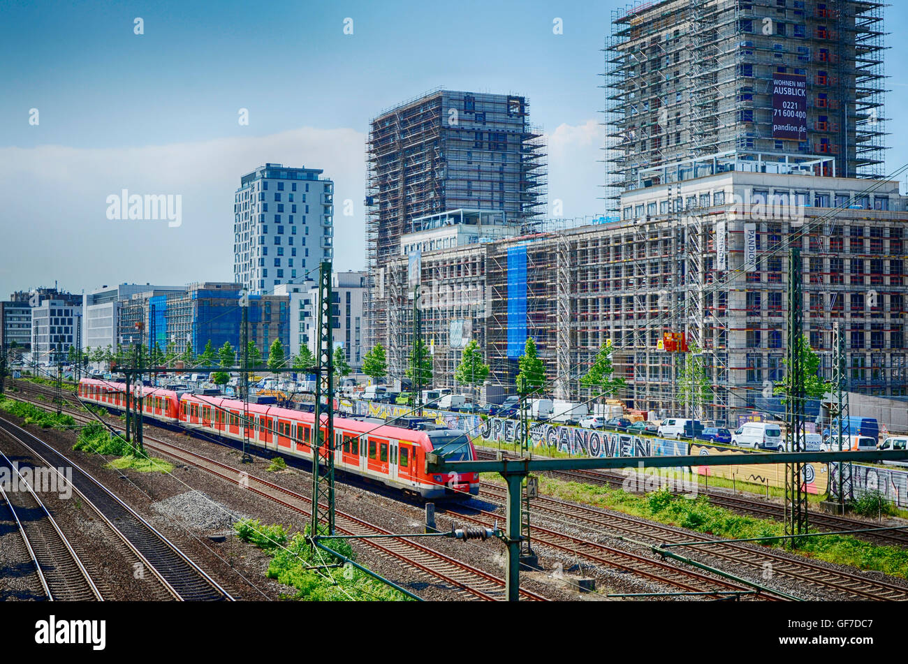 S-Bahn passes major construction site at Toulouse avenue in Quartier Central in Dusseldorf, NRW Stock Photo