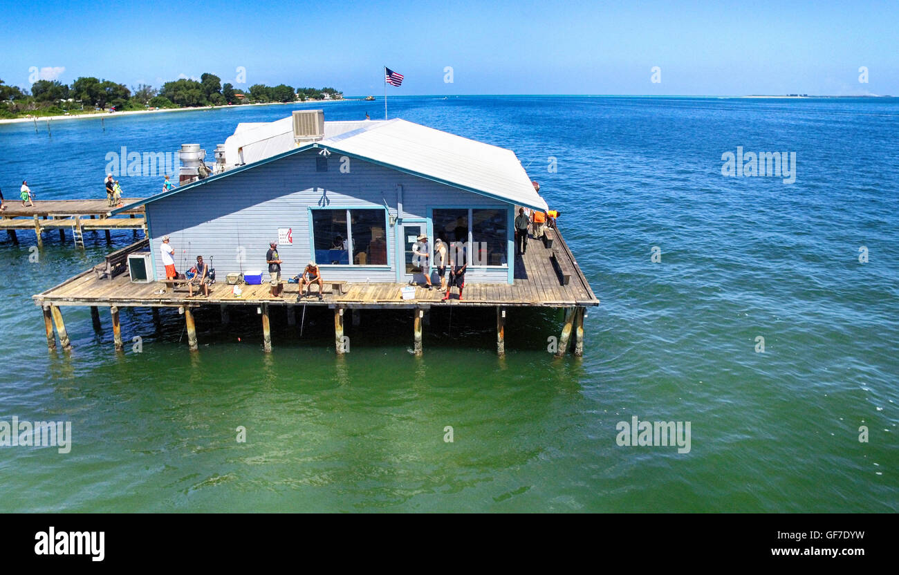 Aerial view of people fishing off Anna Maria Island City Pier in