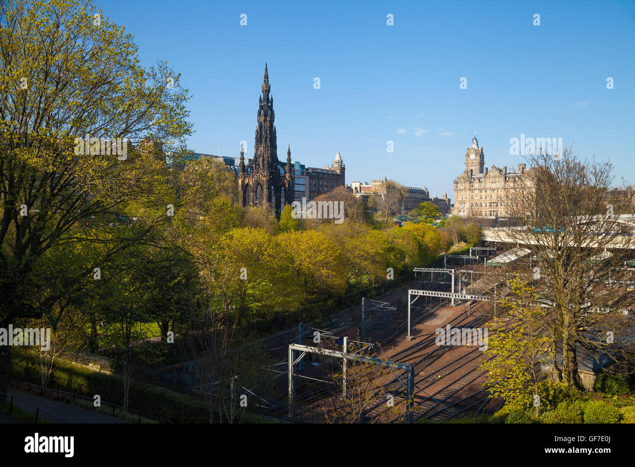 Walter Scott memorial and Balmoral Hotel from Princes street Edinburgh Scotland UK Stock Photo