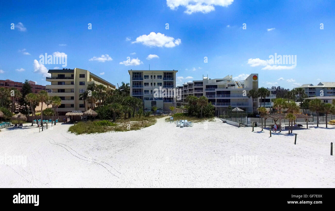 Aerial view of Siesta Key beachfront apartments in Sarasota, FL Stock