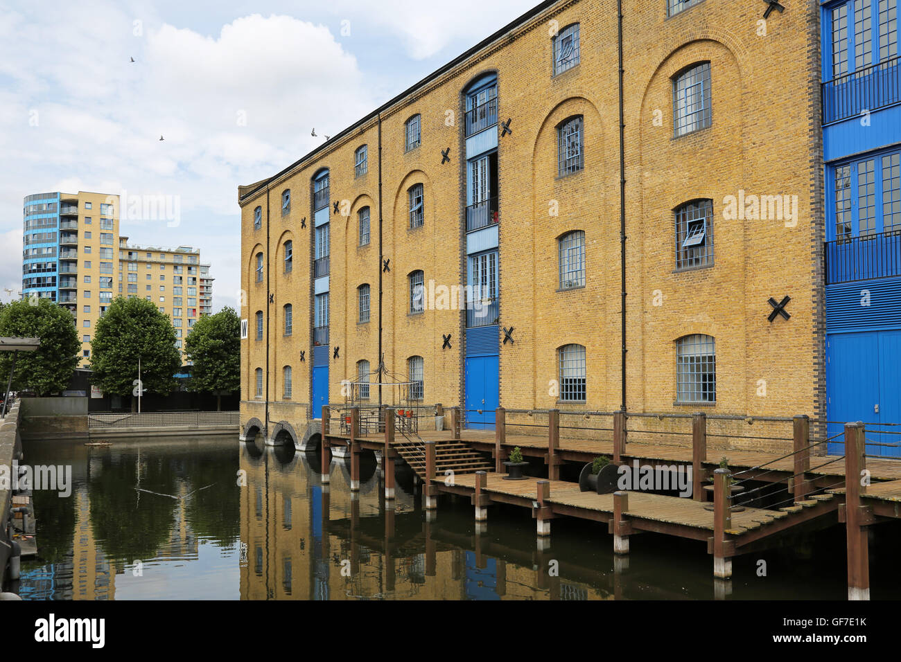 Converted Victorian warehouses at London's Royal Victoria Dock, next to the new Excel Exhibition Centre Stock Photo