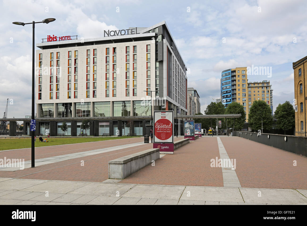 The Ibis and Novotel hotels next to the Excel Exhibition Centre in London's Docklands Stock Photo