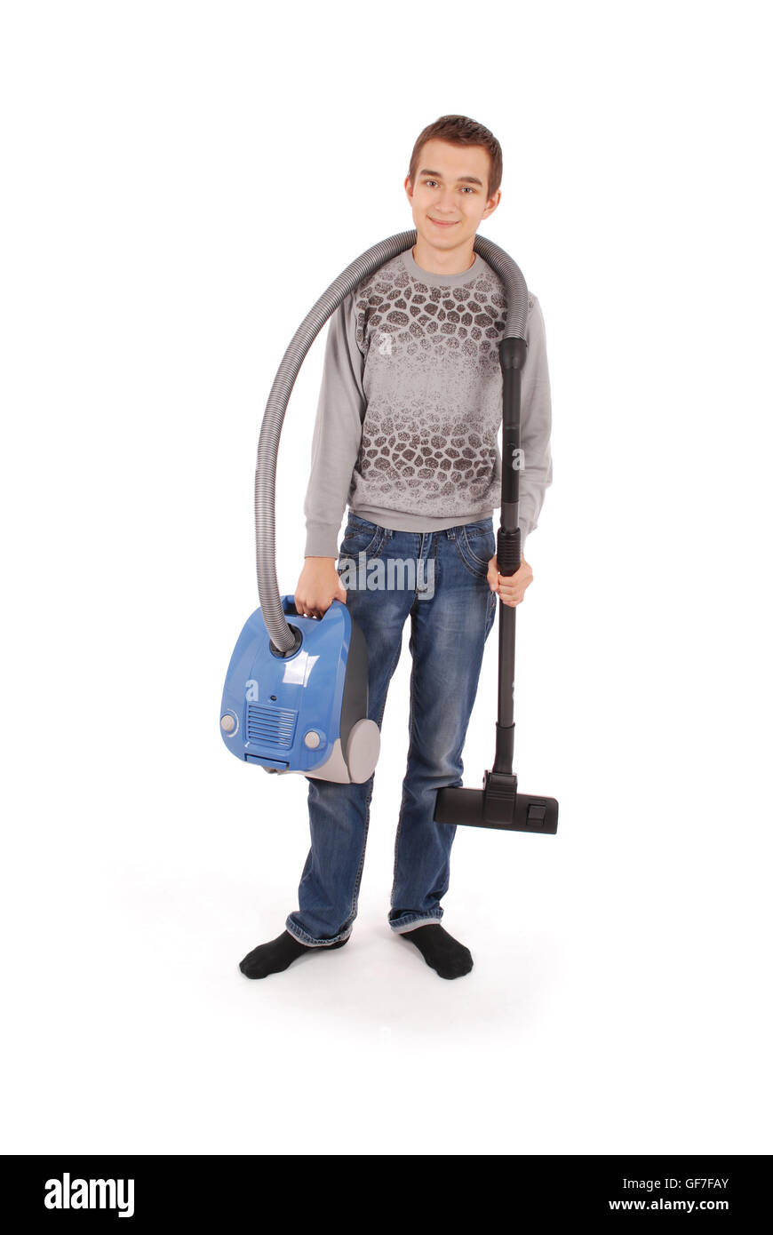 Boy with vacuum cleaner isolated on white background Stock Photo Alamy