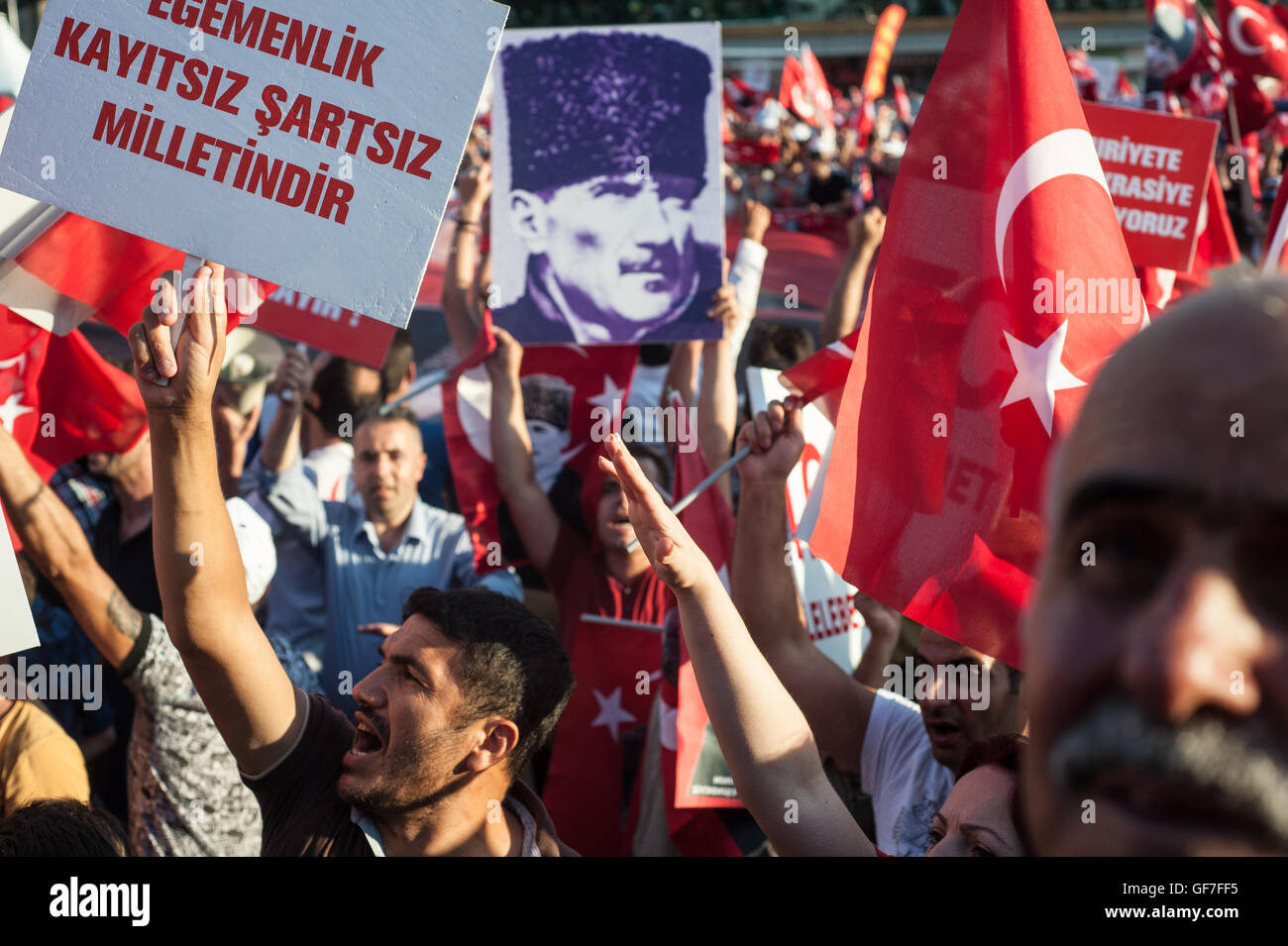 Thousands of Turkish government opposition supporters join pro government supporters to celebrate a failed coup attempt. Stock Photo