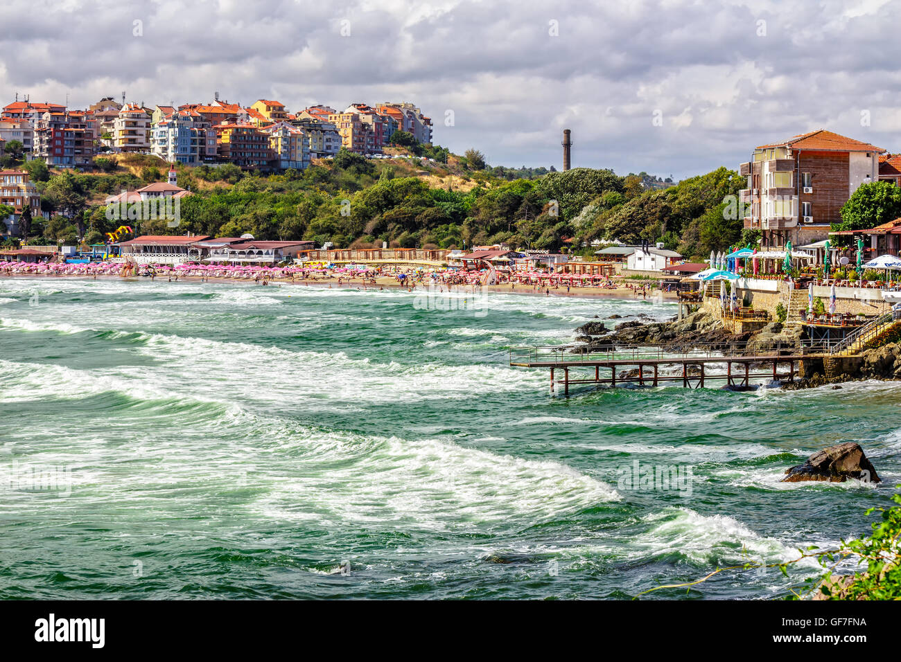 SOZOPOL - AUGUST 9: Old City  beach on August 9, 2015 in Sozopol, Bulgaria. Waves running  on to the beach of ancient Bulgarian Stock Photo