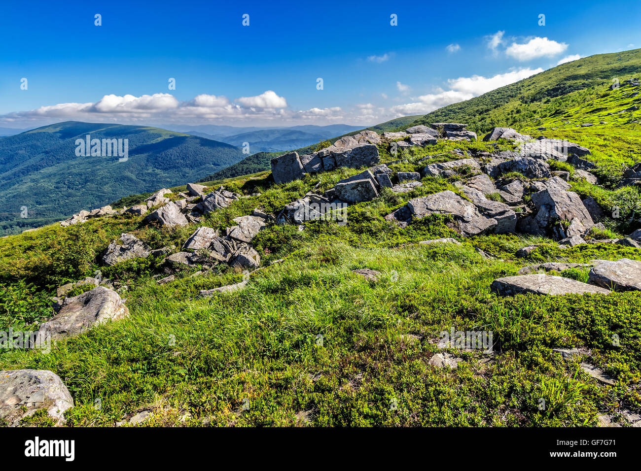 mountain summer landscape. meadow with huge stones among the grass on ...