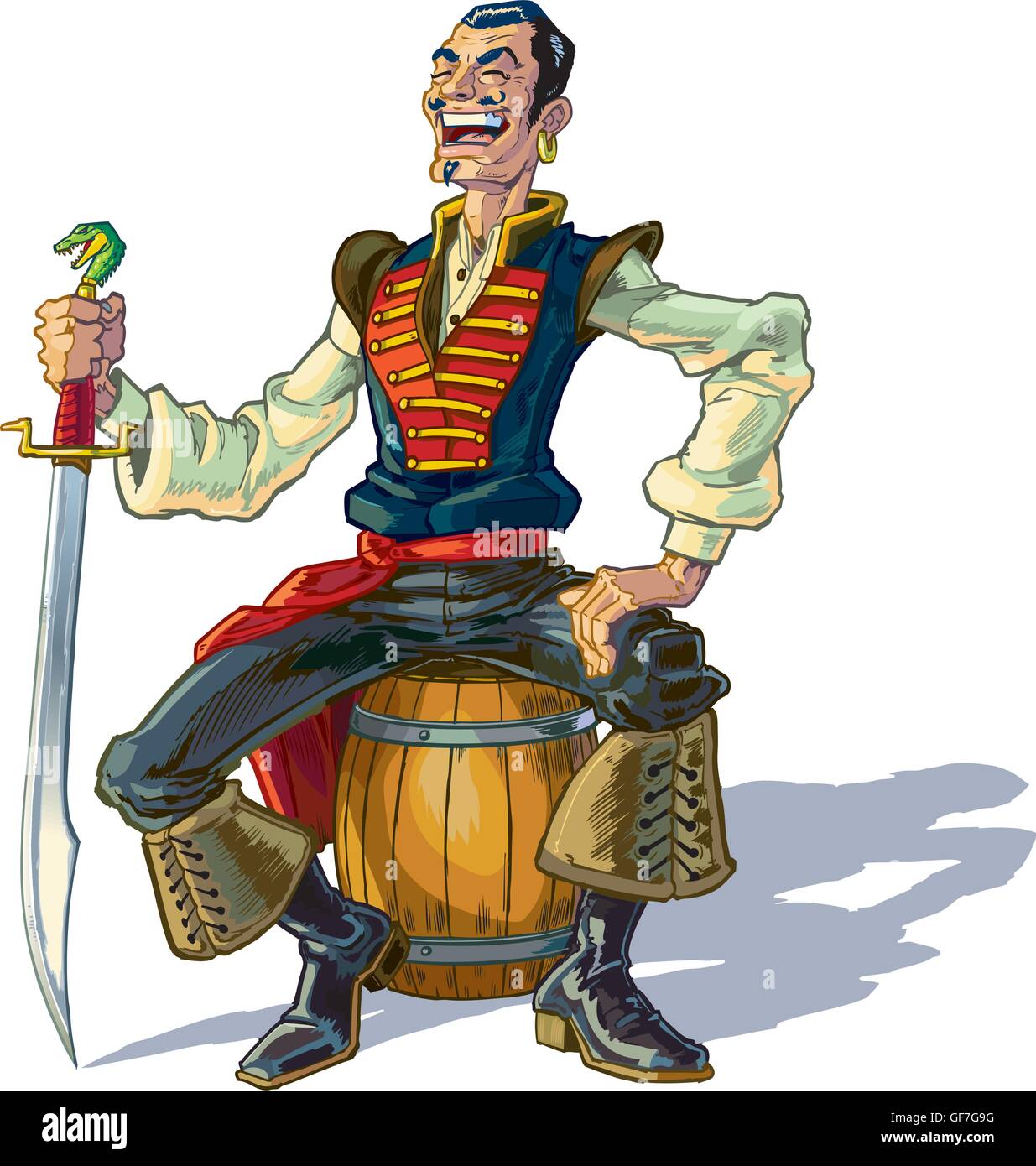 Vector cartoon clip art illustration of an Arabian sailor or pirate sitting on a barrel while laughing and holding a sword. Stock Vector