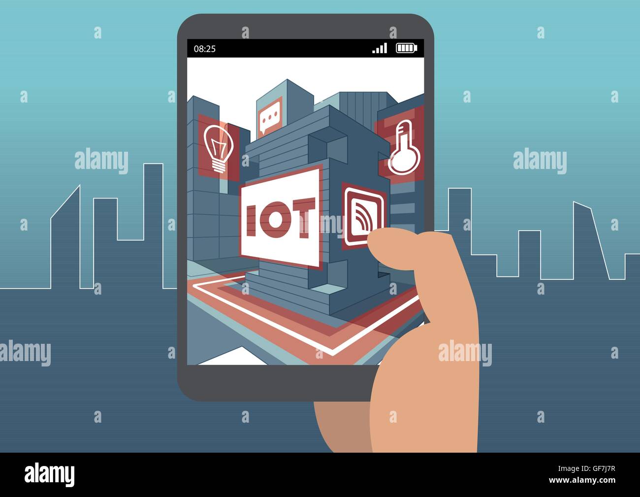 IOT and augmented reality concept with hand holding smart phone Stock Vector