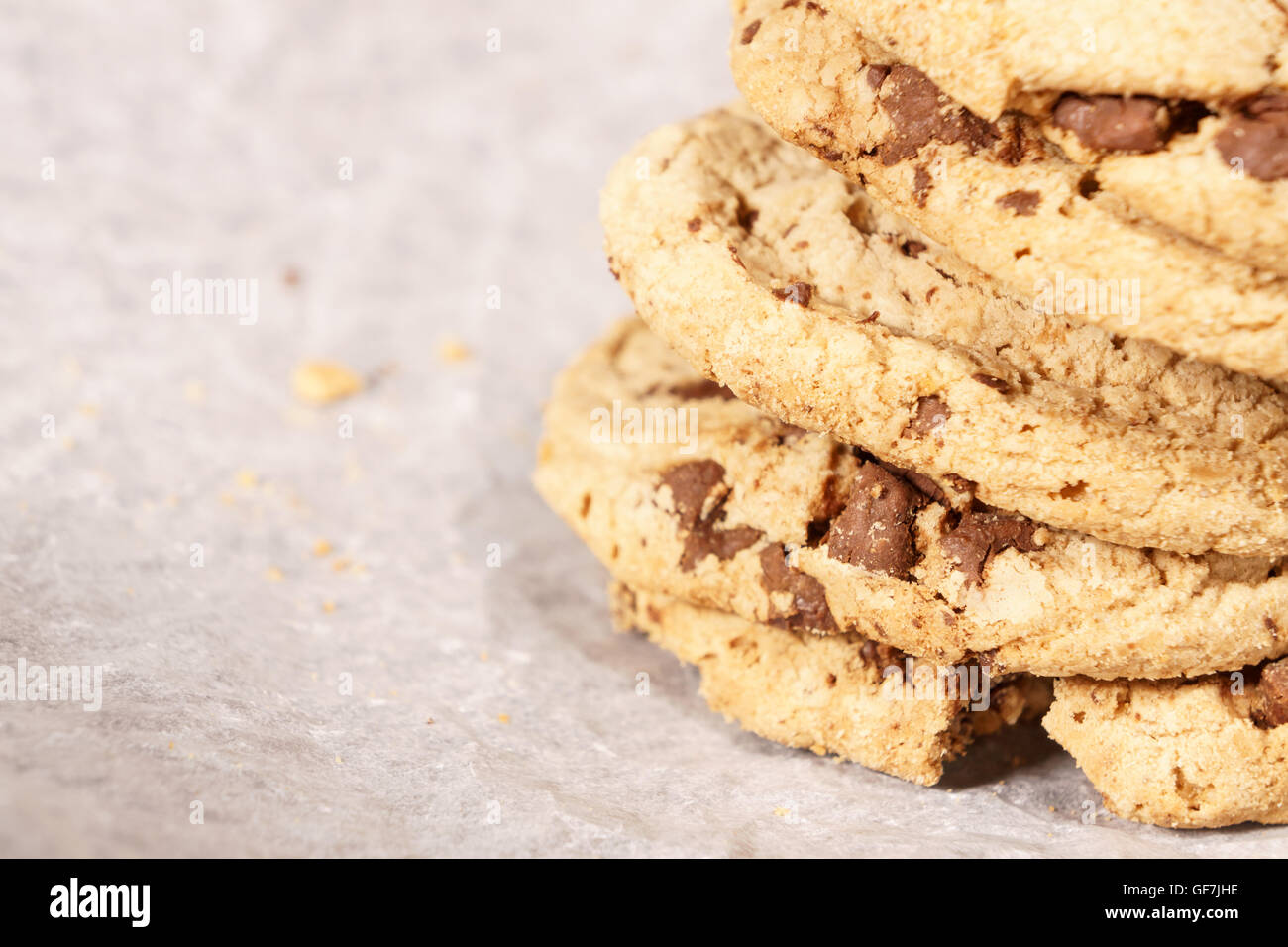 Stacked round soft bake chocolate chip cookie close up Stock Photo