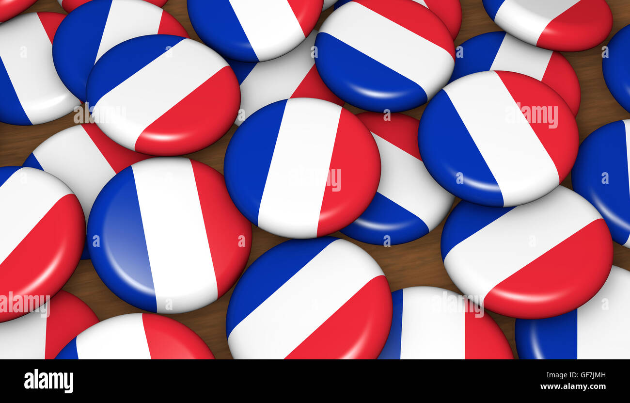 French flag on badges background for France national day events, holiday and celebration 3D illustration. Stock Photo