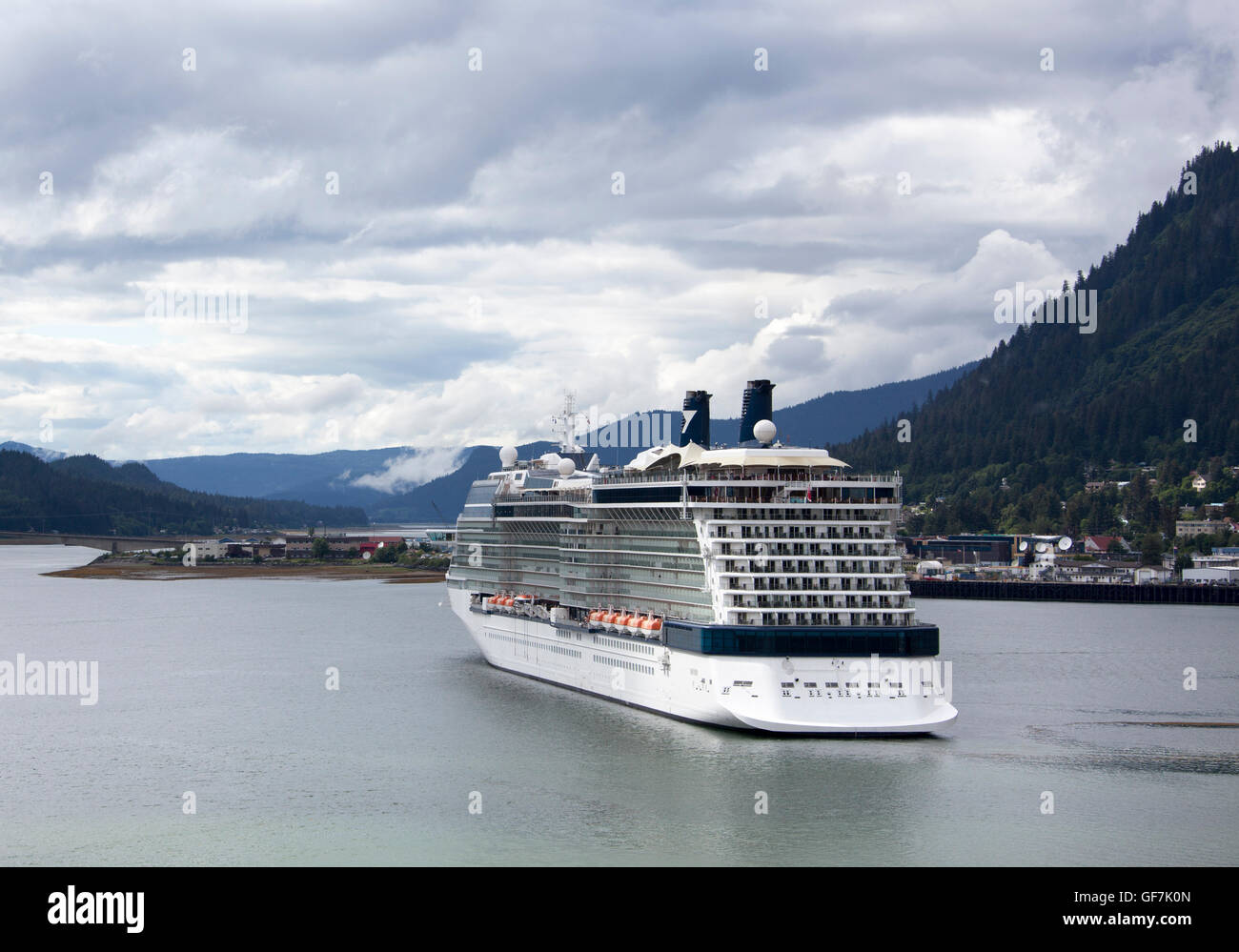 The cruise liner anchored in Juneau, the capital of Alaska. Stock Photo