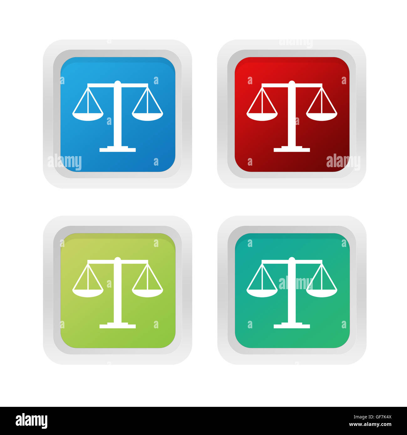 Set of squared colorful buttons with legal symbol in blue, green and