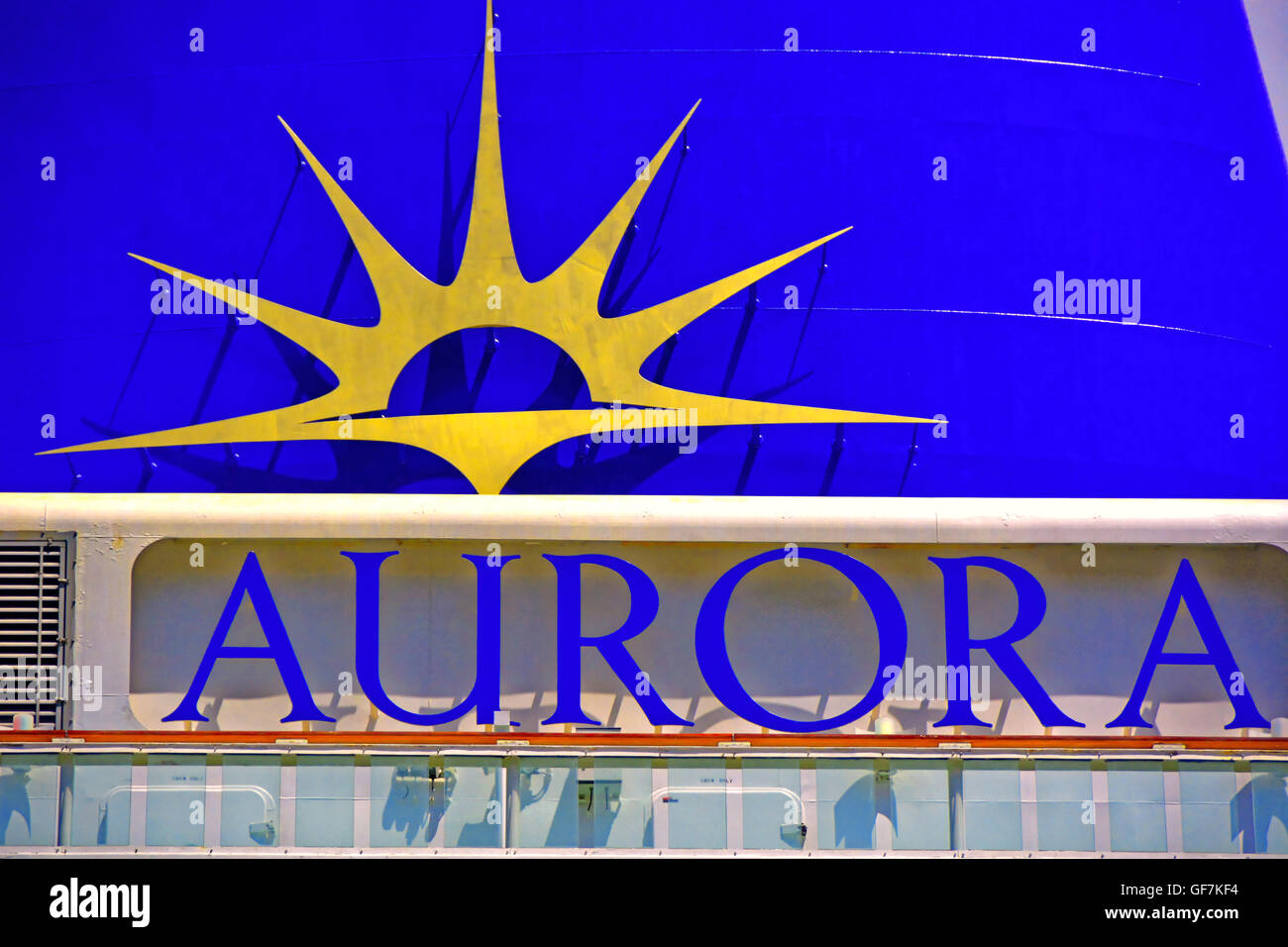 P O Cruise Ship Aurora Blue Name And Ship Sign Stock Photo Alamy