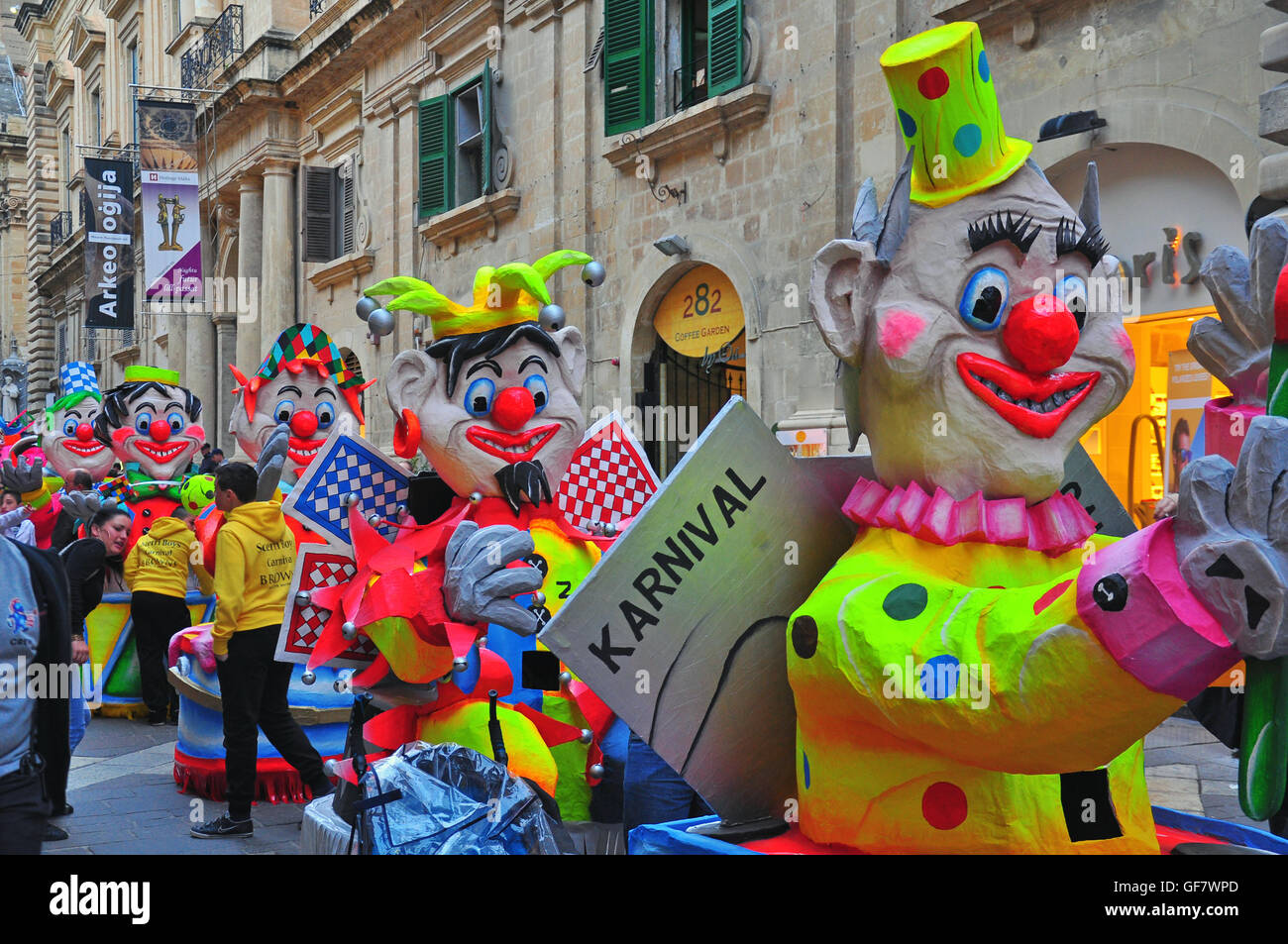 VALLETTA, MALTA - FEBRUARY 28: Spring carnival on street of Valletta downtown on february 28, 2014. Maltese carnival holds from Stock Photo