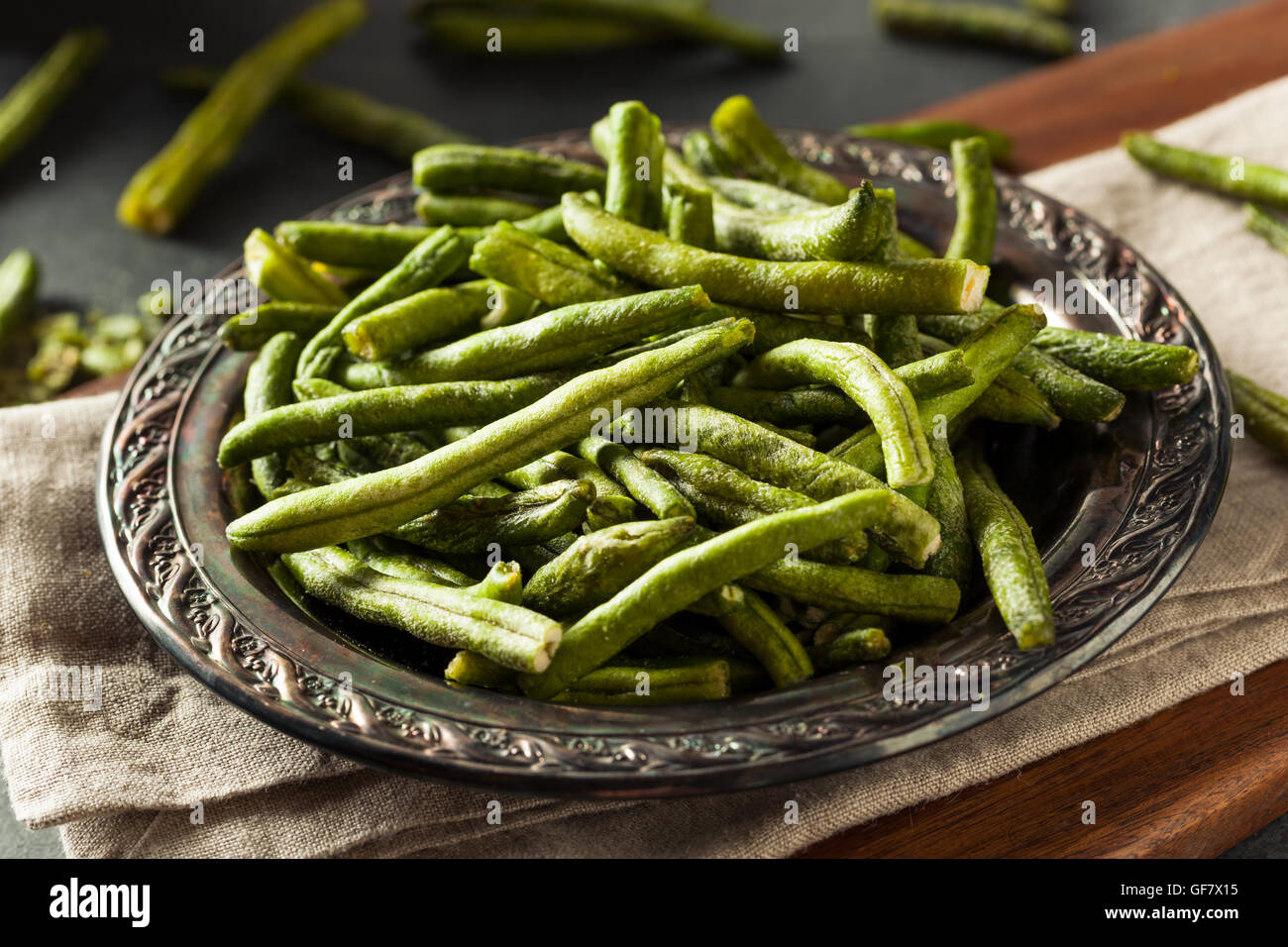 Healthy Nutritious Dehydrated Green Bean Chips for a Snack Stock Photo