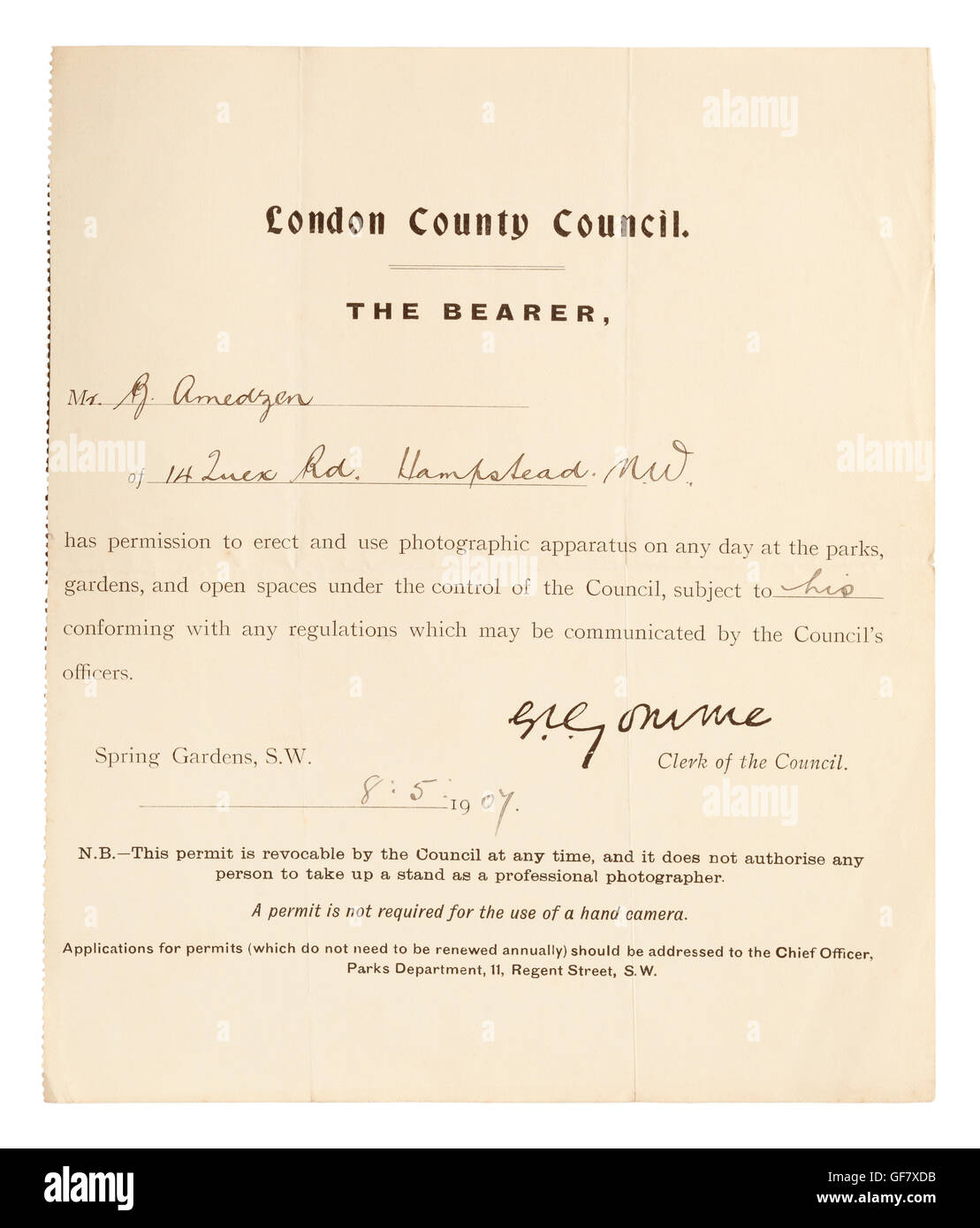Photography Permit issued by London County Council, May 1907 Stock Photo