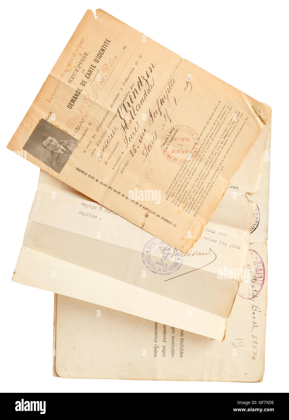 French Identity Card or Permis de Sejour, January 1919 Stock Photo