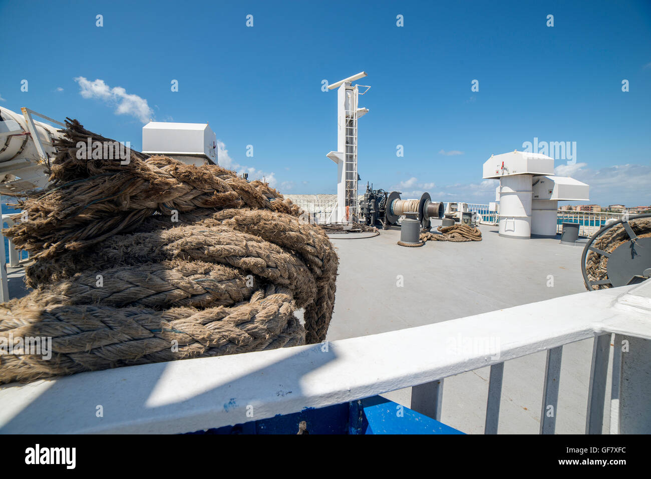 mooring lines and ropes on a ferry connecting Sicily and Calabria, Stock Photo