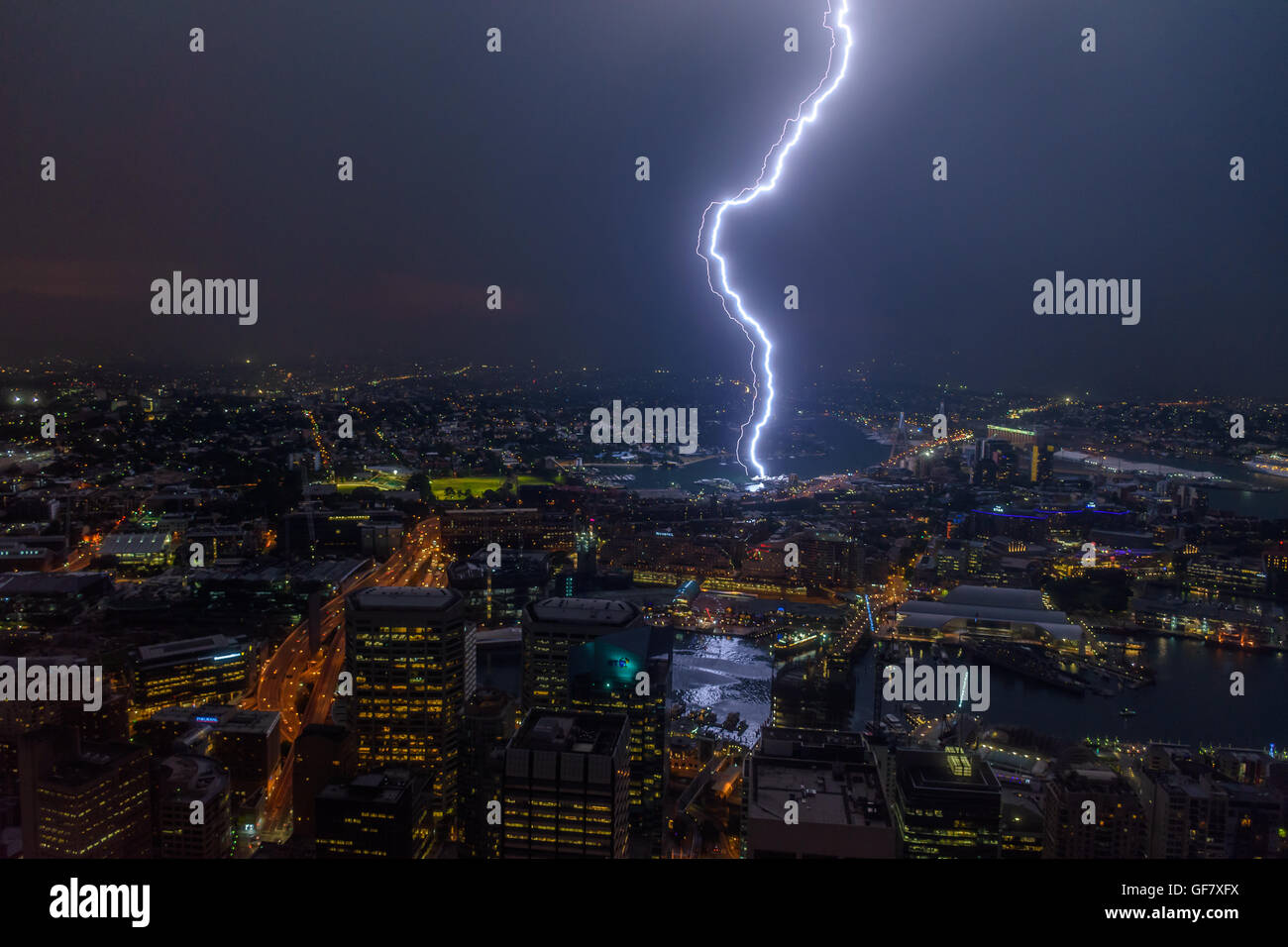 Double lightning strike during thunderstorm in Sydney, Australia Stock Photo