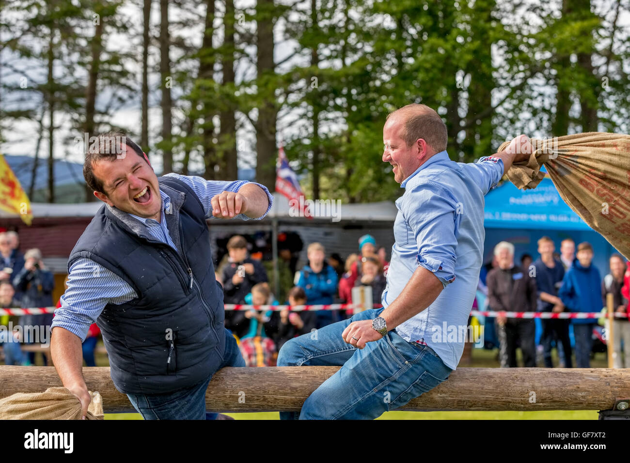Tomintoul, Moray, Scotland, 16th July 2016. This is the pillow fight contest at the Tomintoul Highland Games, Moray, Scotland. Stock Photo