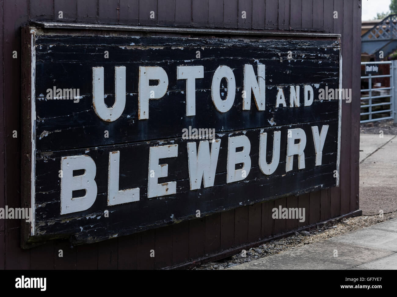 Restored wooden Upton and Blewbury station sign at the Didcot Railway Centre in Oxfordshire Stock Photo