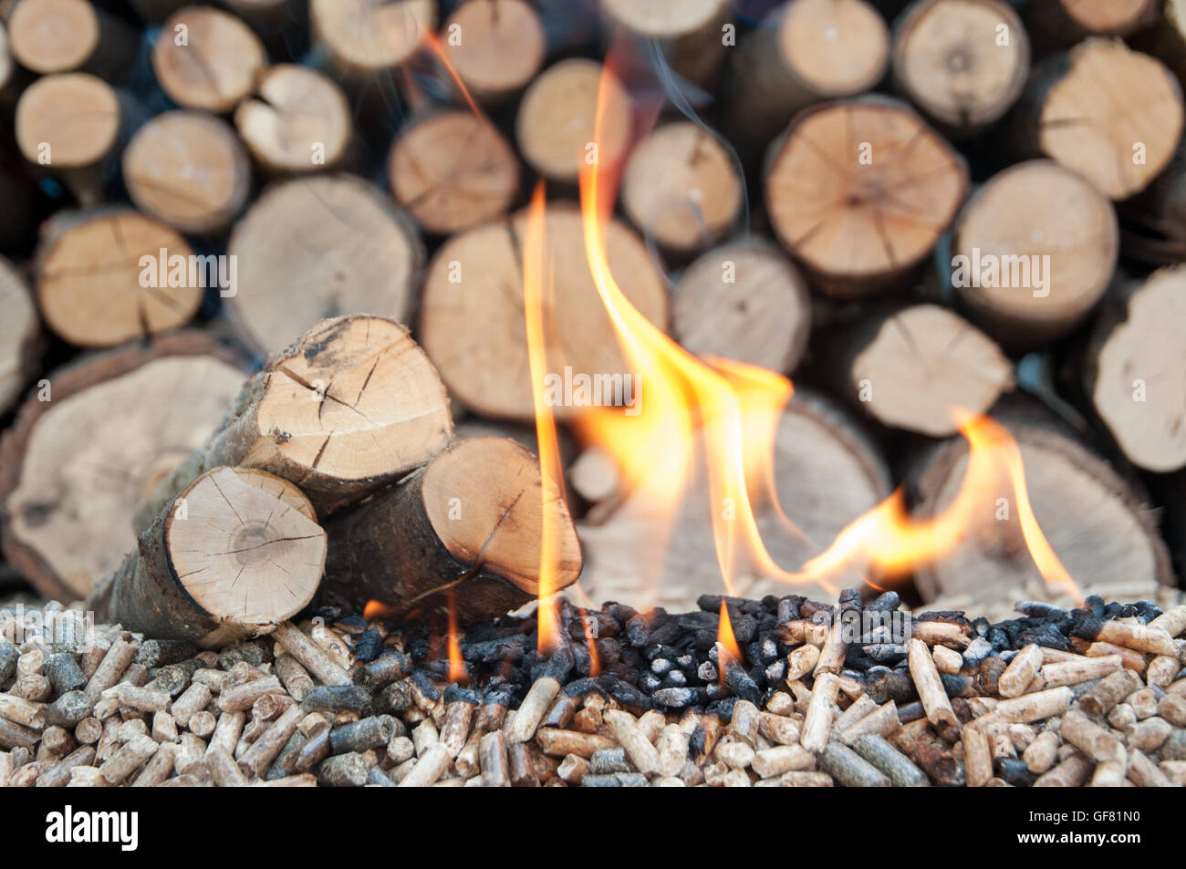 Pellets and Woods in flame Stock Photo