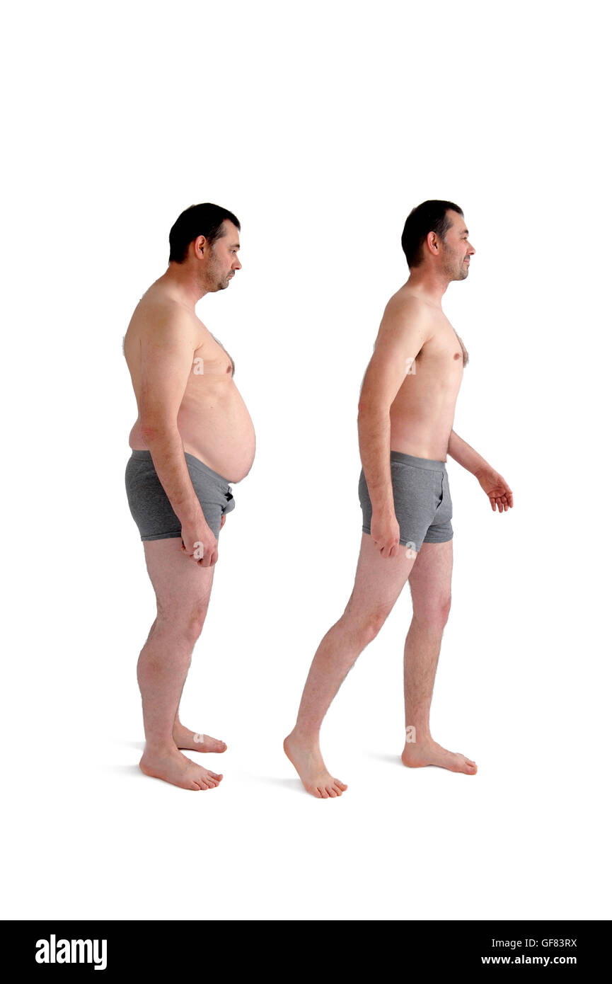 diet weight loss before and after comparison concept man isolated on white Stock Photo