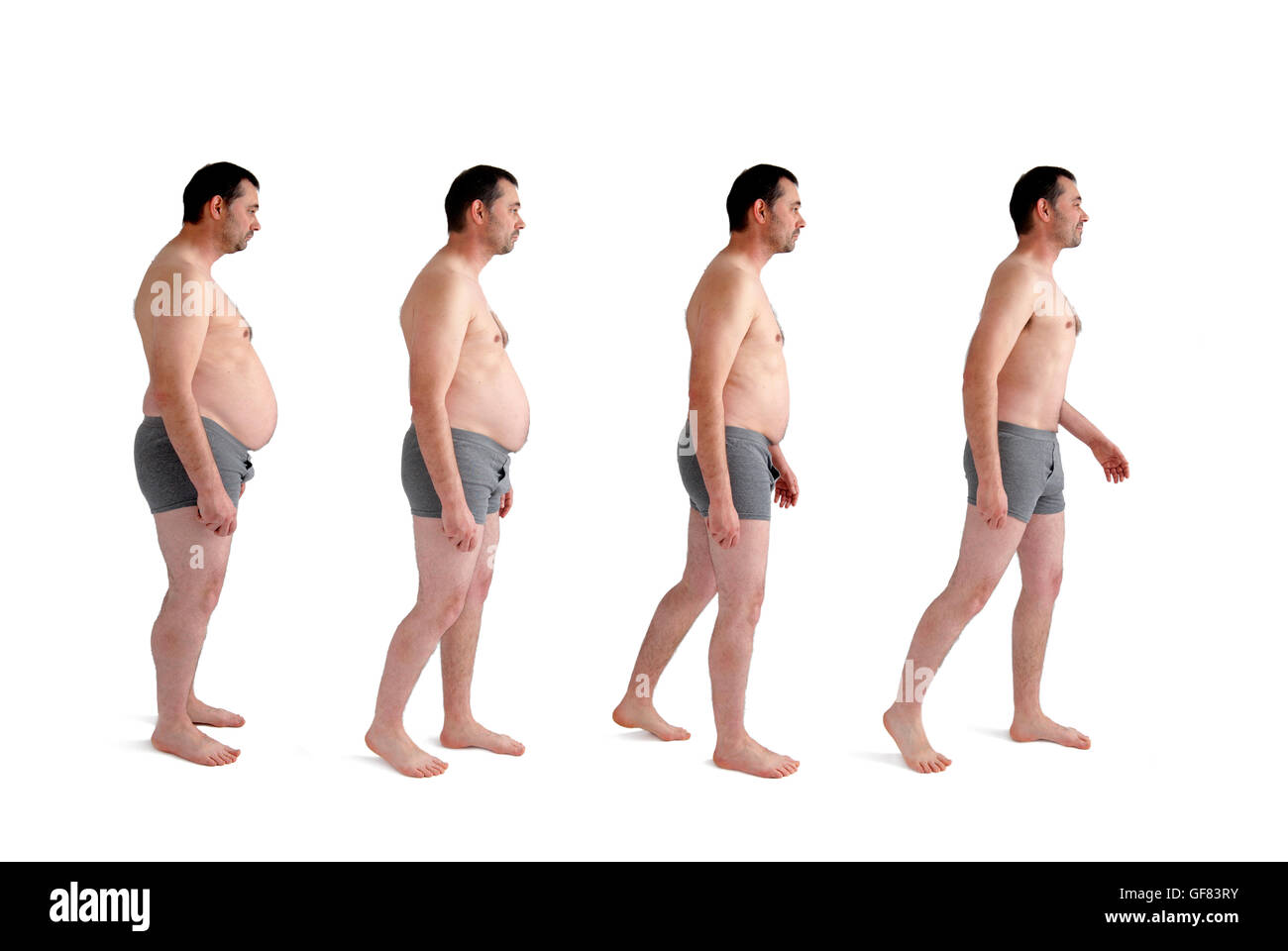 diet weight loss transformation concept man isolated on white Stock Photo