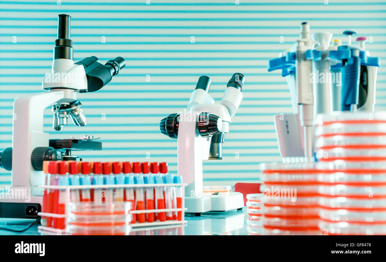 Laboratory work place with microscope, test tube and pipettes. Stock Photo