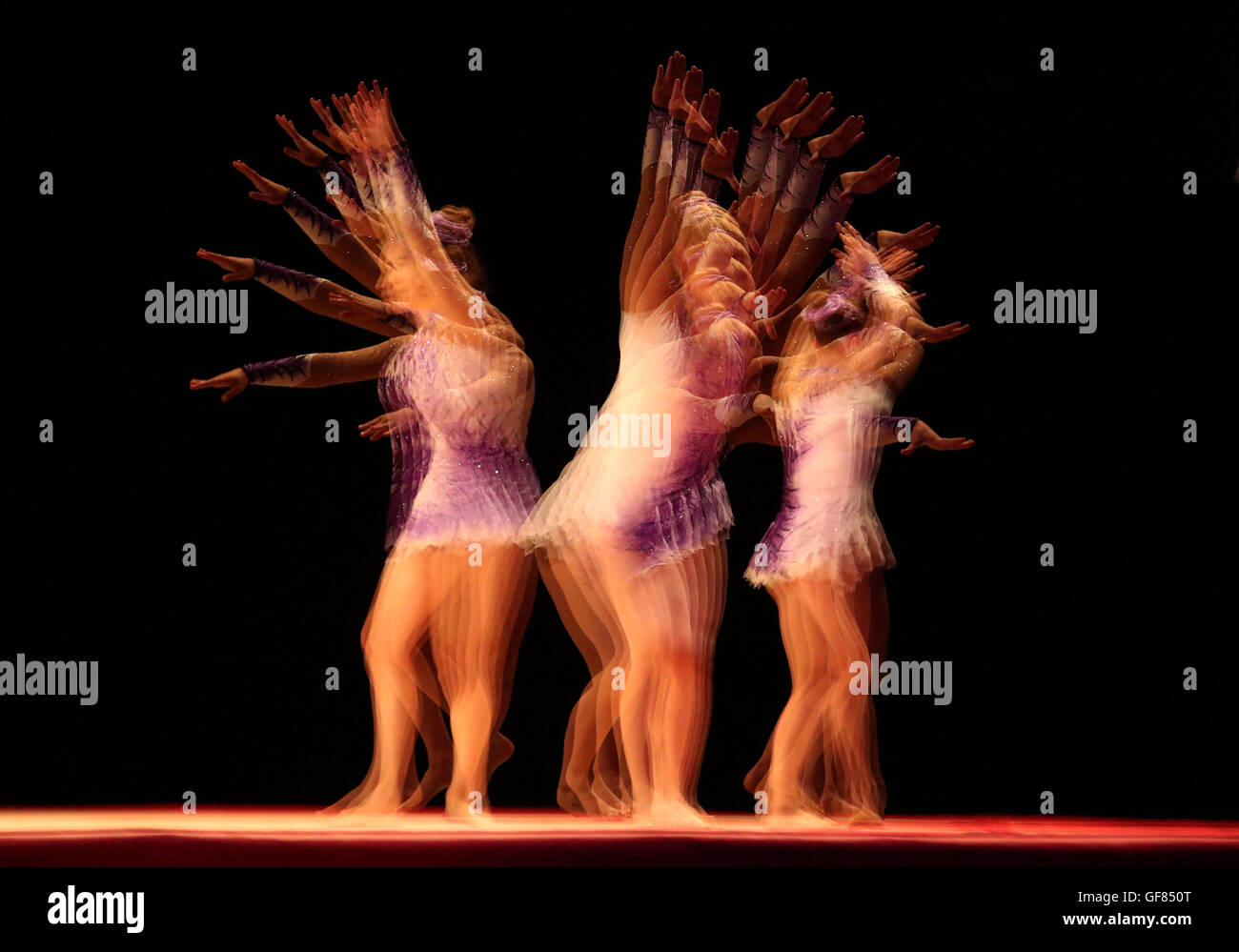 Emily Bramley, Isabella Carmichael and Molly Watson compete in the Acrobatic dicipline, during day two of The British Gymnastics Championship Series at the Liverpool Echo Arena. Stock Photo