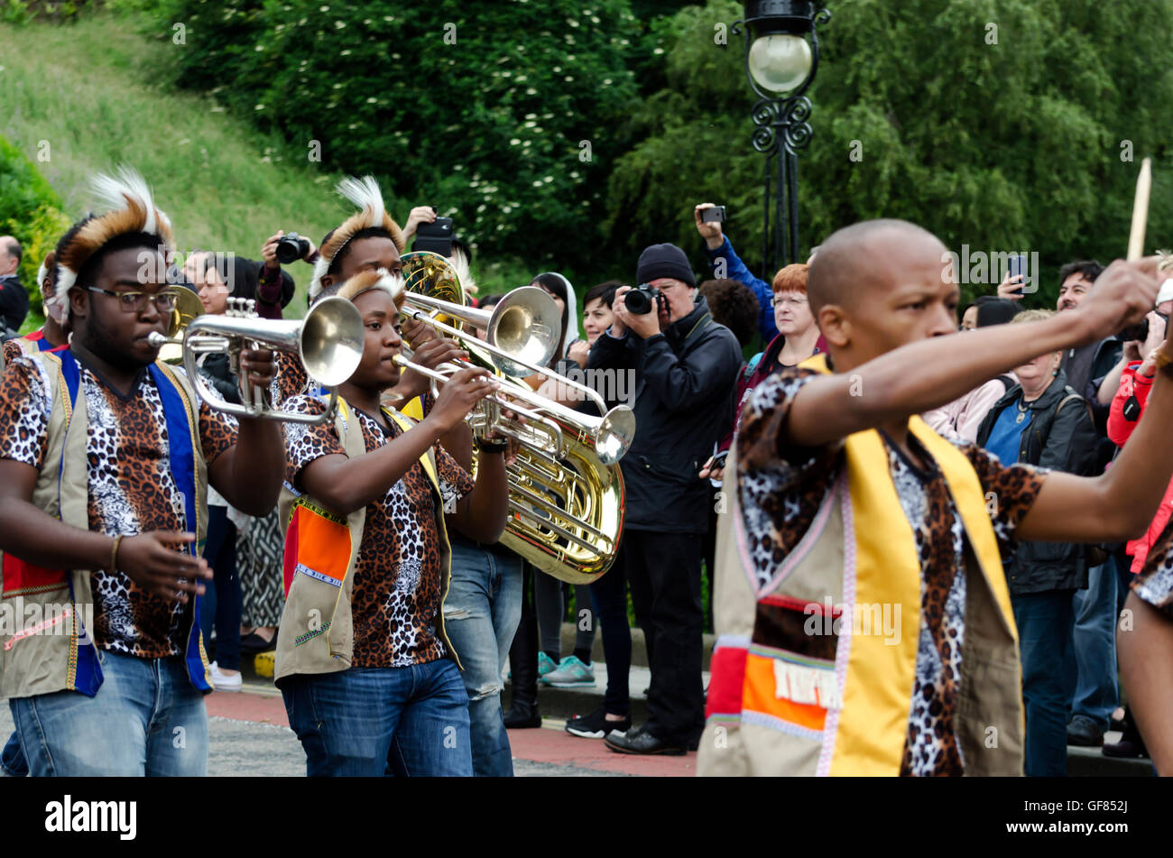 The Durban School of Music brass band taking part in the Carnival Parade, part of the Edinburgh Jazz Festival. Stock Photo