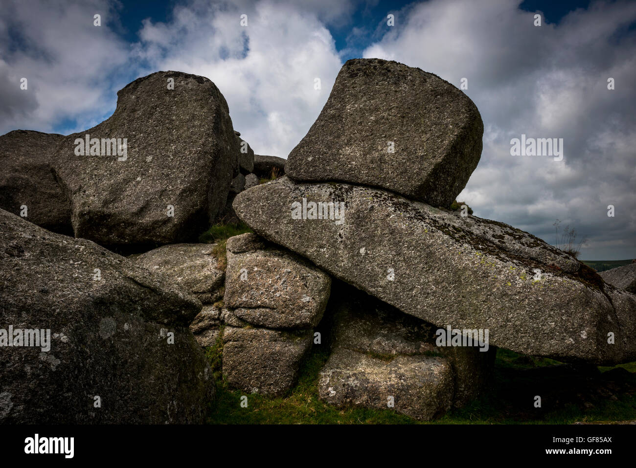 Huge granite boulders on top of Down Tor, Dartmoor, Devon, UK Stock Photo