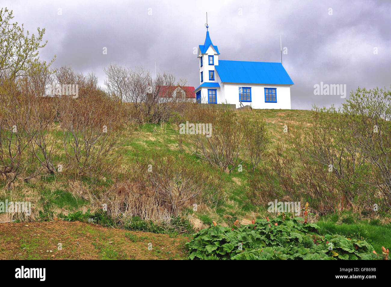 Blue and white church, Iceland Stock Photo