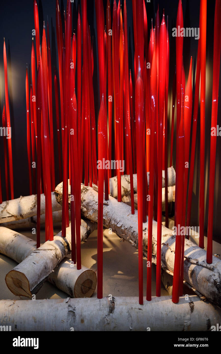 Red Reeds on Logs Dale Chihuly glass tubes on Ontario Birch trees ROM Toronto Stock Photo