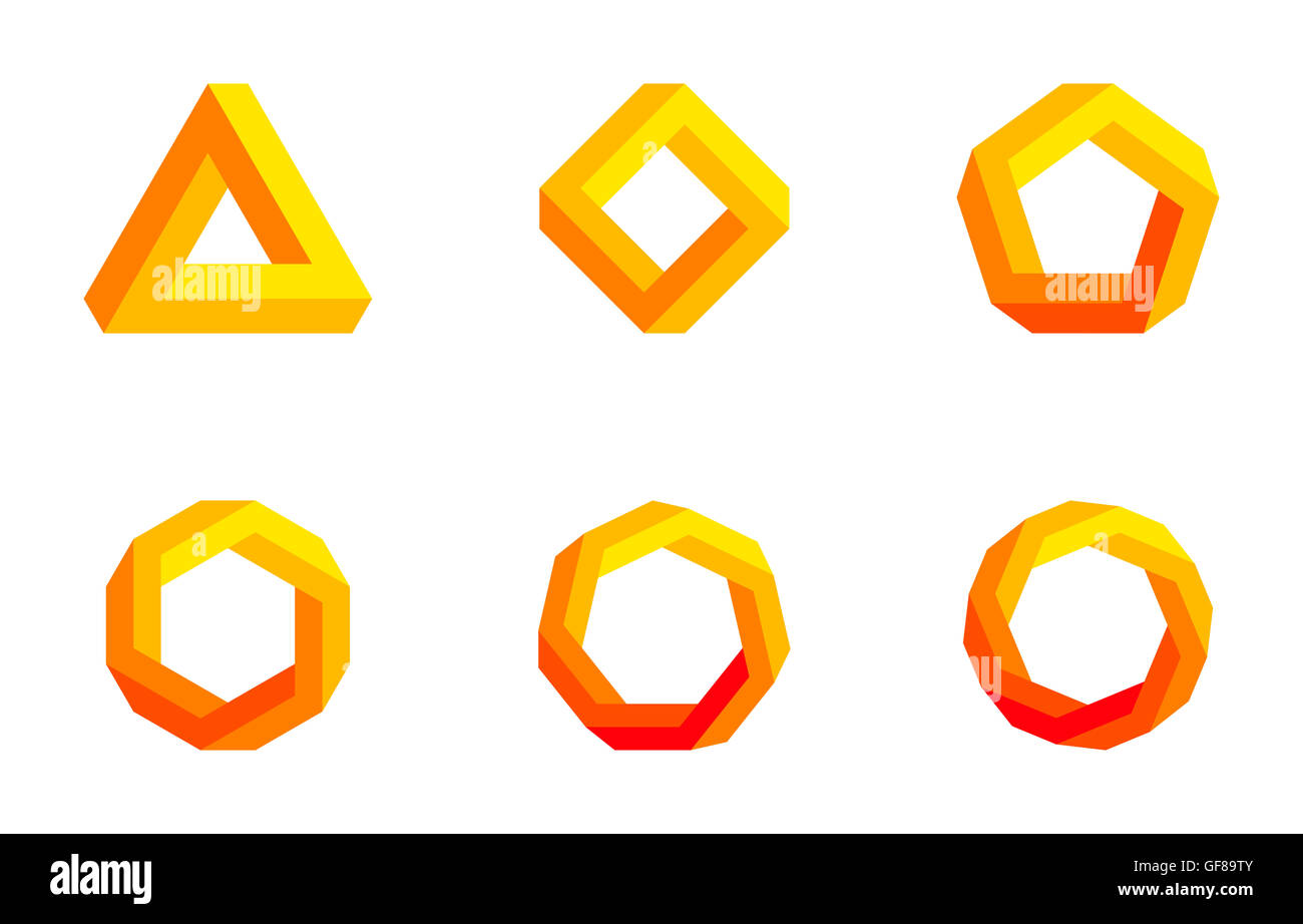 Penrose triangle and polygons in yellow and orange colors. Penrose tribar, an impossible object, appears to be a solid object. Stock Photo