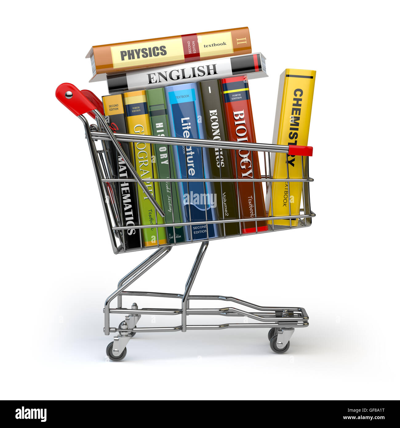 Shopping cart with books isolated on white. Textbooks. Back to school