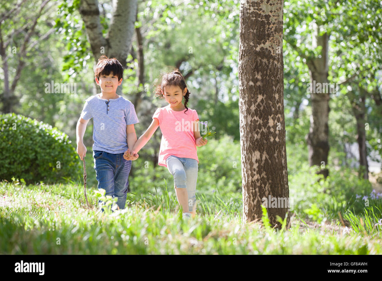 Happy Chinese children holding hands walking in woods Stock Photo - Alamy
