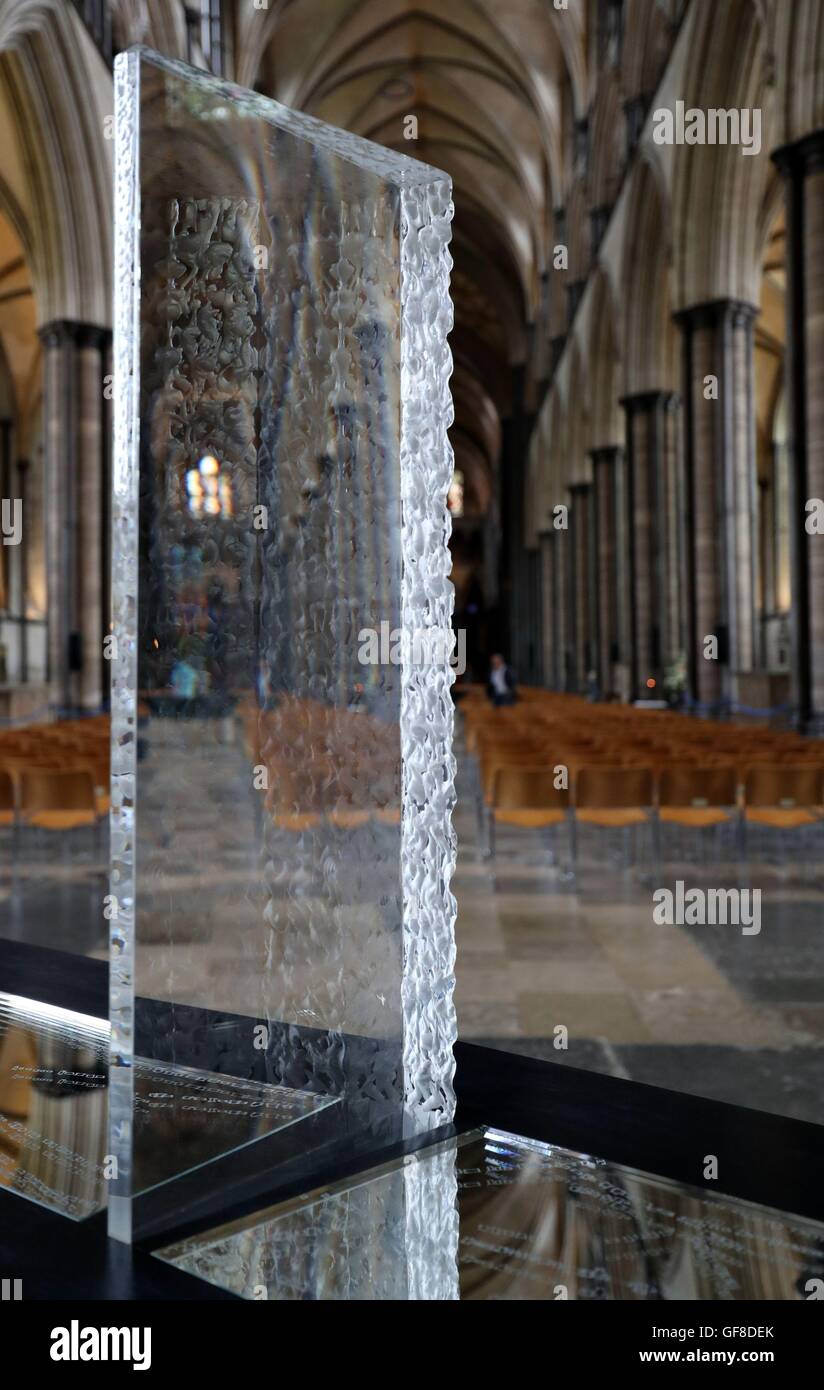 A general view of the exhibit 'New Perspective' by artists Sally Fawkes and Richard Johnson, which is part of the Reflections Exhibition in Salisbury Cathedral, Wiltshire. Stock Photo