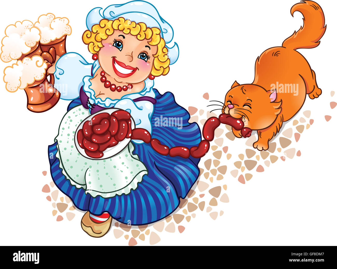 Oktoberfest lady holding beer and sausages, while ginger cats trying to steal sausage. Stock Photo