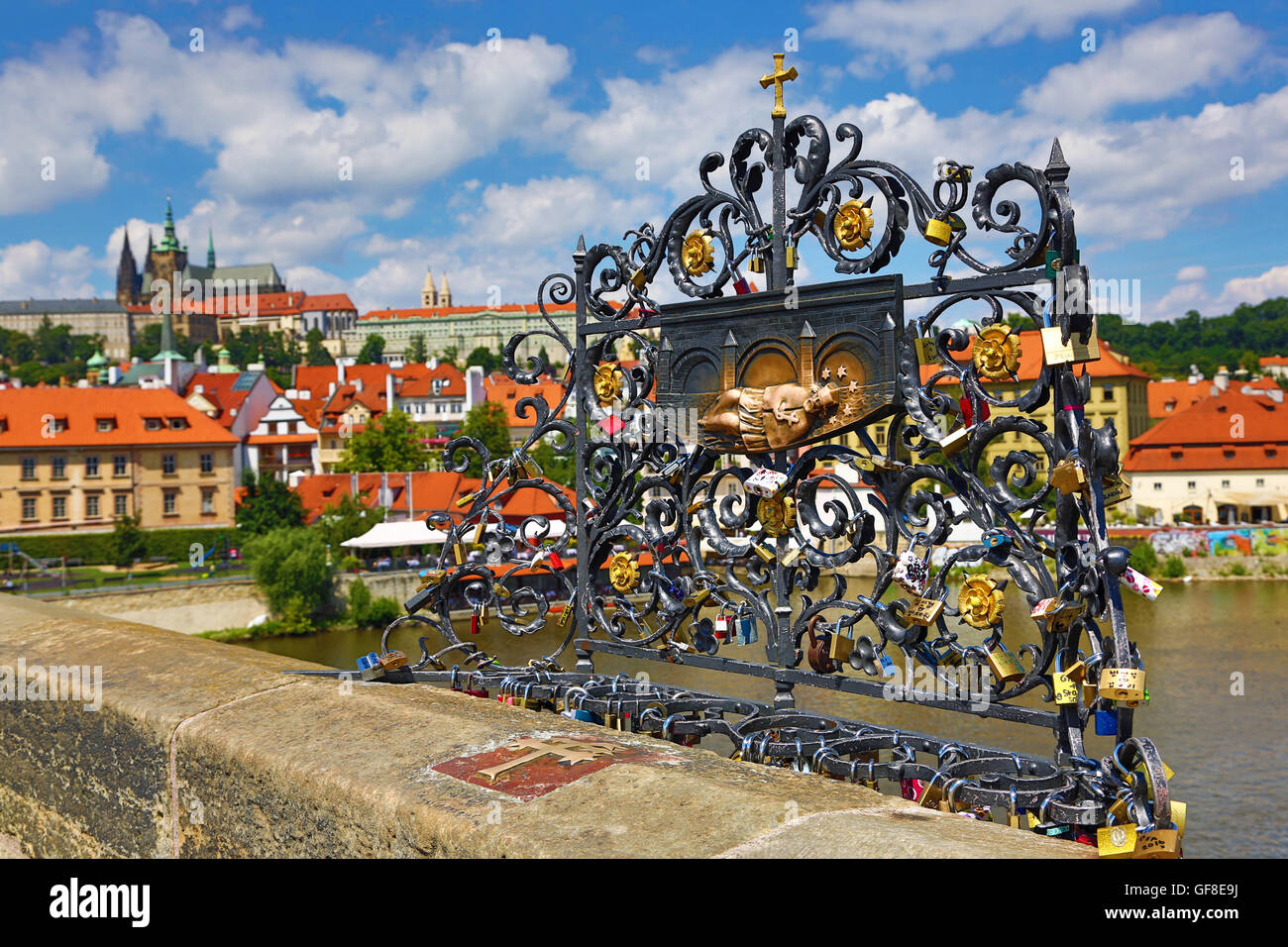 Memorial Plate for Saint John of Nepomuk on the Charles Bridge, Prague, Czech Republic Stock Photo
