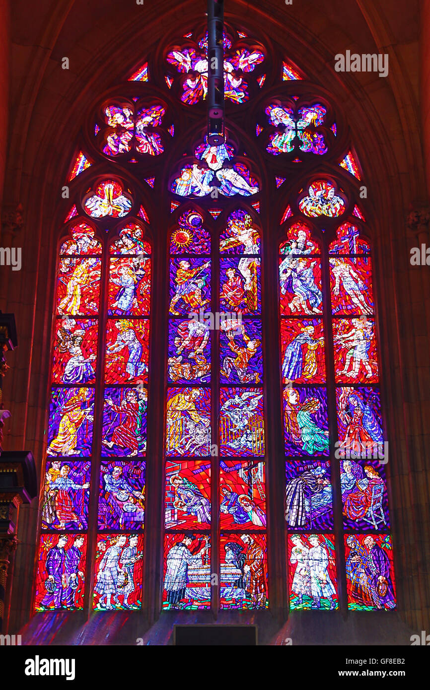 Stained glass windows of St. Vitus Cathedral, in the Prague Castle Complex in Prague, Czech Republic Stock Photo