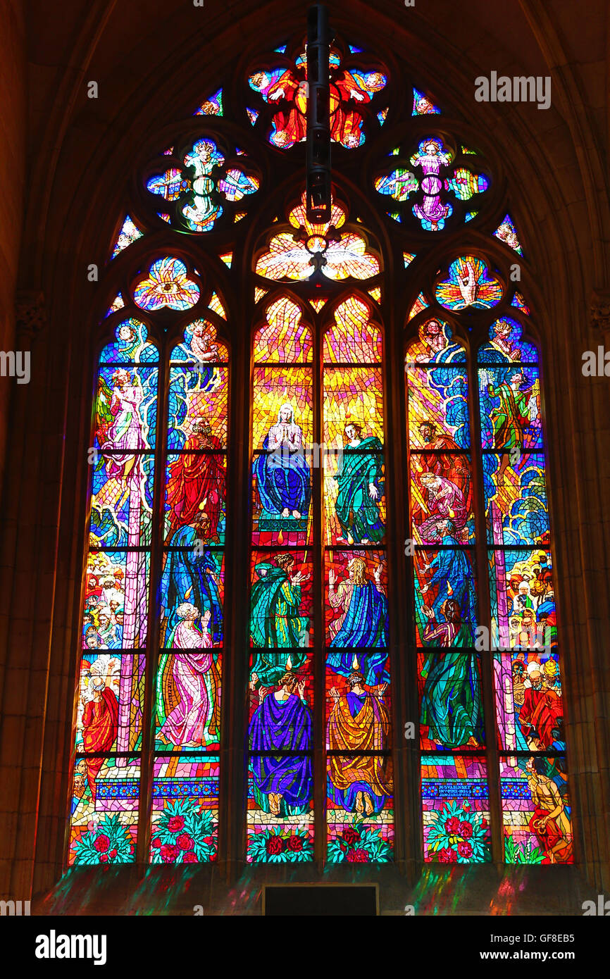 Stained glass windows of St. Vitus Cathedral, in the Prague Castle Complex in Prague, Czech Republic Stock Photo