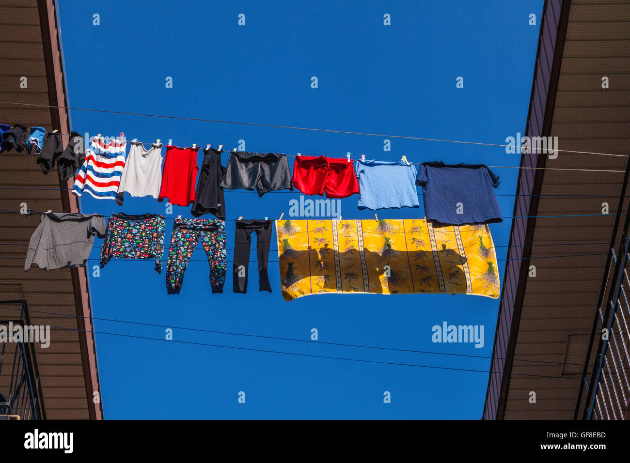 Colorful clothes drying in the sun on a summer's day in Montreal Stock