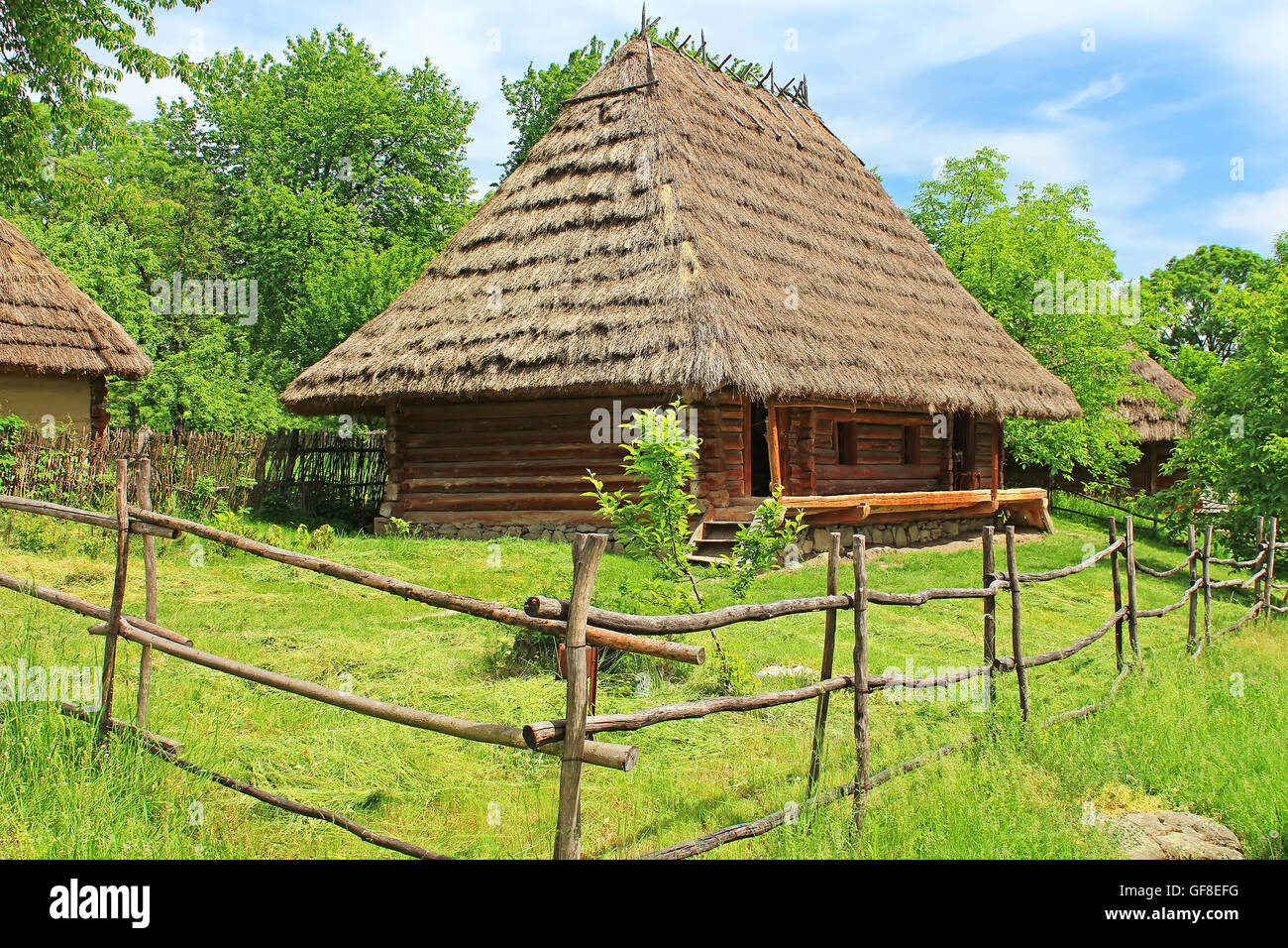 Old wooden house in museum of Folk Architecture in Uzhhorod, Ukraine