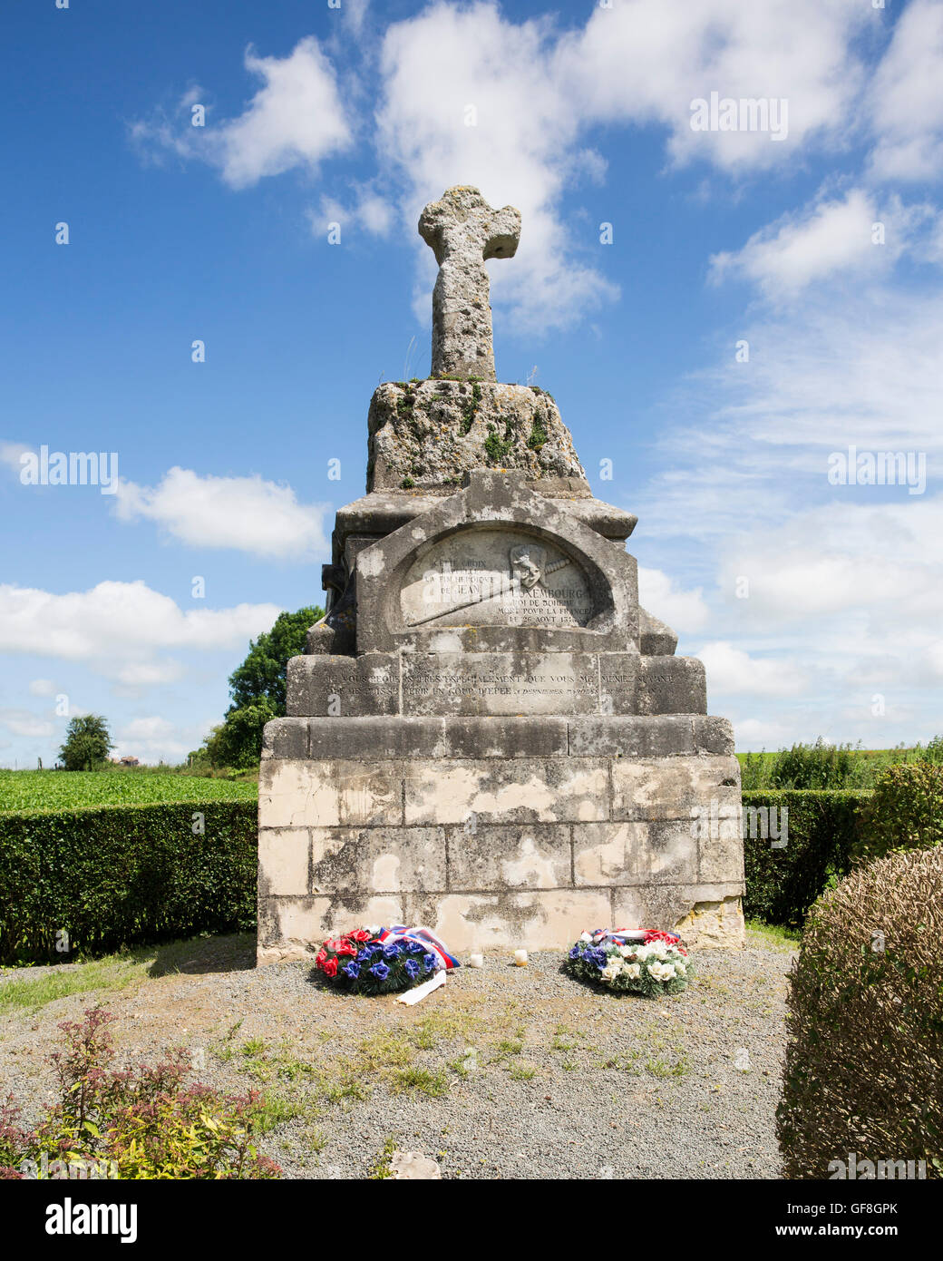 Memorial to King John of Bohemia on the Fontaine - Crecy road on the battlefield of Crecy Stock Photo