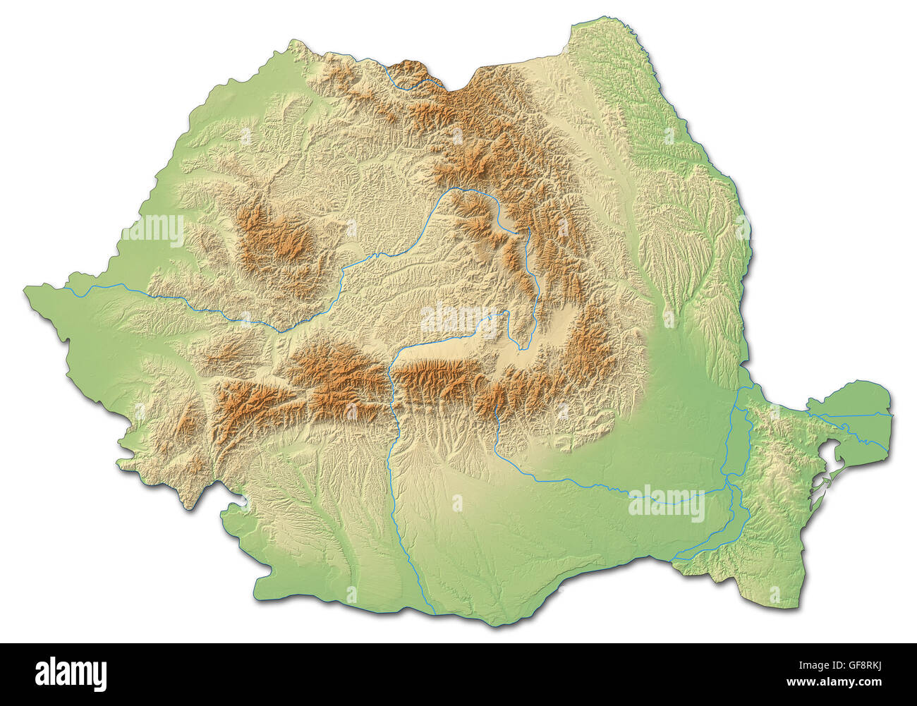 Relief map of Romania with shaded relief. Stock Photo