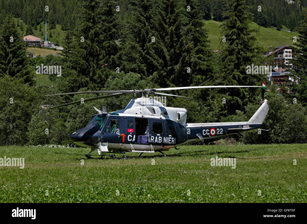Italian Carabinieri Helicopter, Corvara, Val Badia, Italy Stock Photo